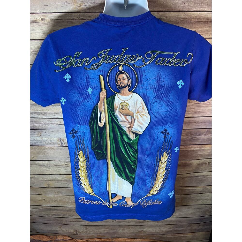 Saint Jude / San Judas Blue Graphic T‑Shirt – Religious Style – Size Small